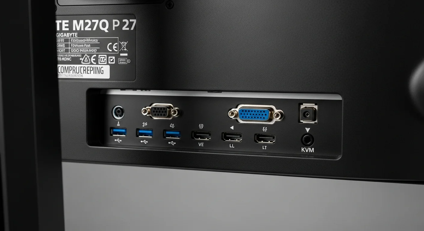 Puertos y conectividad del monitor para computadoras Gigabyte M27Q P 27, incluyendo KVM.