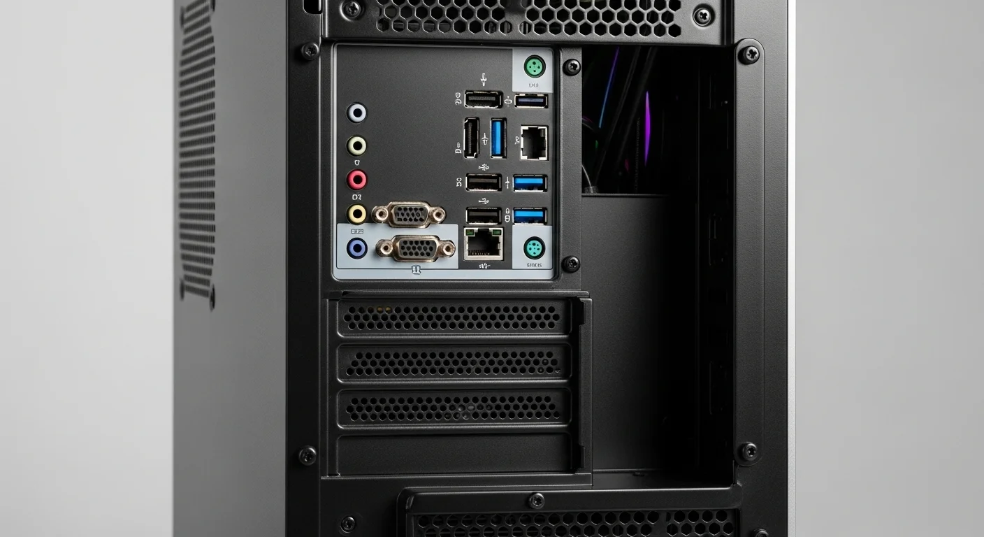 Panel trasero de una torre de computadora de escritorio mostrando una variedad de puertos y conectores, como USB, audio, HDMI y Ethernet.