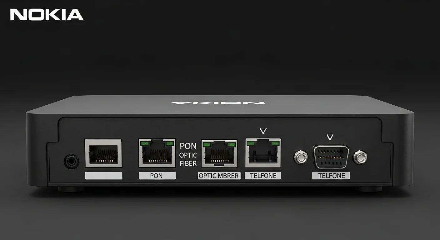 Panel trasero de un modem Nokia mostrando los puertos Ethernet, el puerto de fibra óptica (PON) y los puertos de telefonía, clave para computadoras y otros dispositivos.