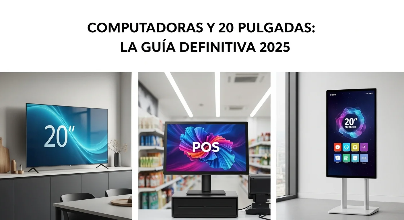 Collage de dispositivos de 20 pulgadas: un televisor en una cocina, un monitor de punto de venta y una pantalla de señalización digital.