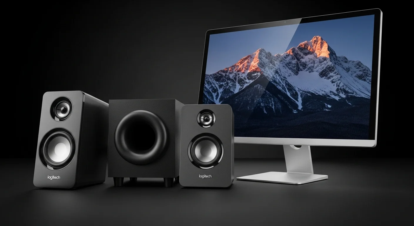 Sistema de parlantes Logitech para PC modelo 2.1 con subwoofer junto a un monitor de computadora