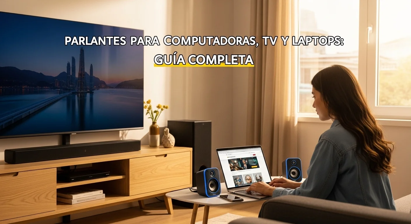 Sala de estar con una barra de sonido instalada debajo de un smart TV y una persona usando una laptop con parlantes portátiles cerca, mostrando la versatilidad del audio en el hogar.