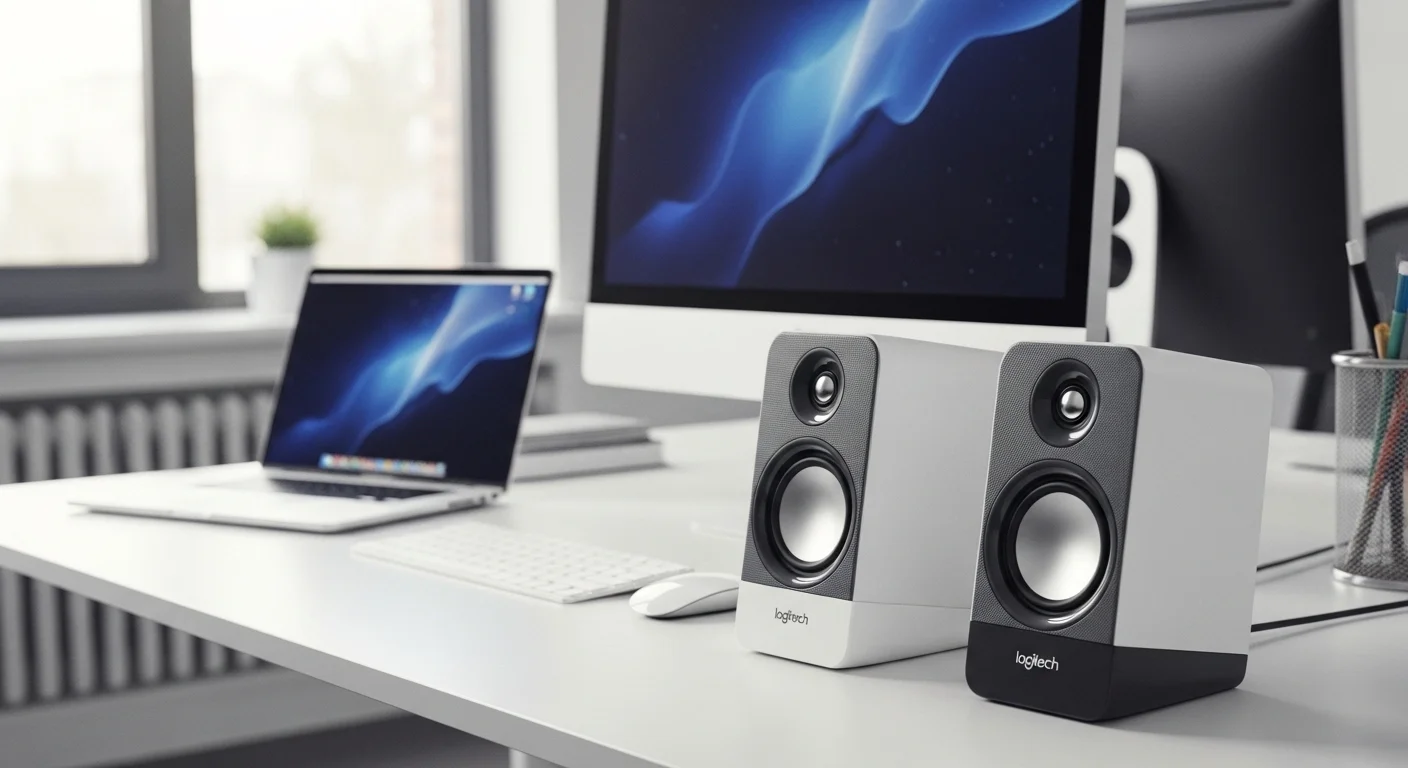 Parlantes pc Logitech de diseño elegante y moderno sobre un escritorio de oficina, al lado de una laptop y un monitor.