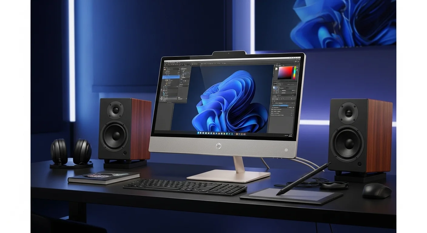 Un pc all in one hp en un estudio creativo, con software de diseño en pantalla, mostrando su potencia para profesionales. Se ven accesorios como tabletas gráficas y bocinas.