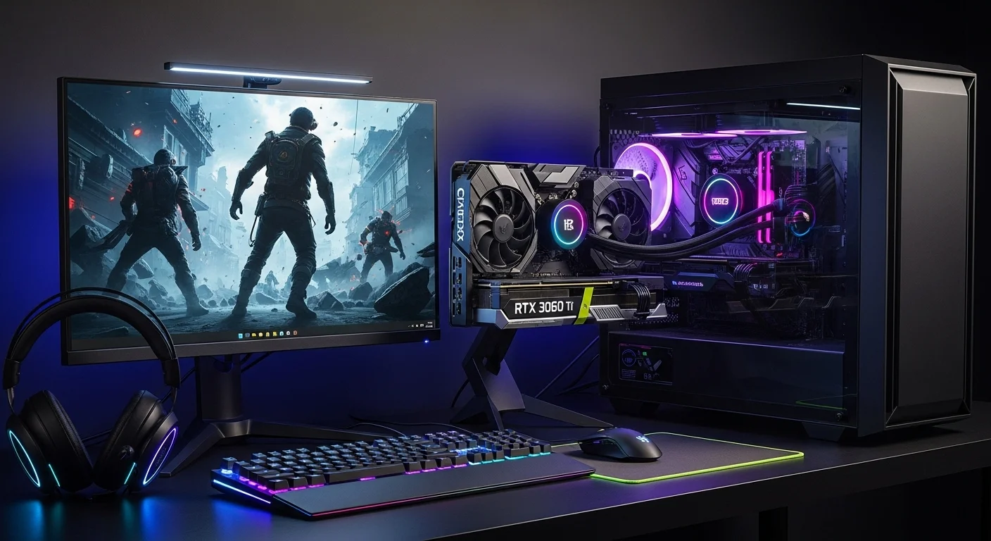Un setup completo de PC gaming con una tarjeta gráfica rtx 3060 ti iluminada, un monitor de alta tasa de refresco y periféricos RGB.