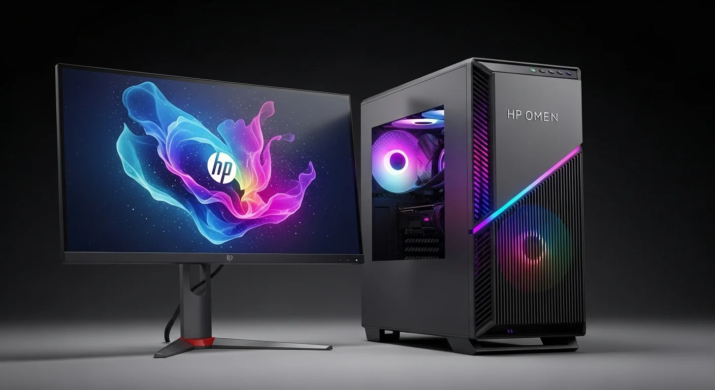 Potente PC de escritorio HP OMEN para gaming con iluminación RGB encendida y un monitor de alta tasa de refresco al lado.