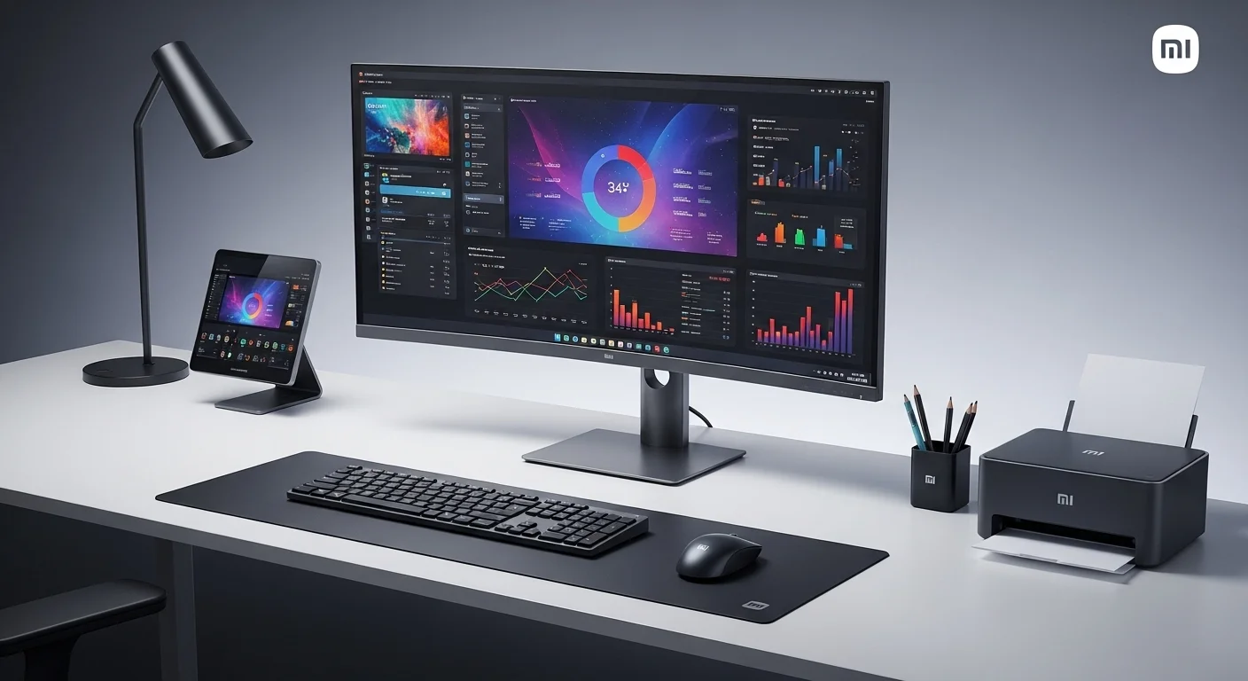 Un escritorio de oficina con un monitor curvo Xiaomi 34 pulgadas mostrando gráficos, junto a un teclado, un ratón y una impresora Xiaomi.