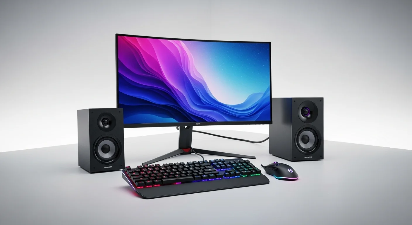 Una selección de periféricos para computadora disponibles en Amazon, incluyendo un monitor para pc, altavoces, teclado y ratón.