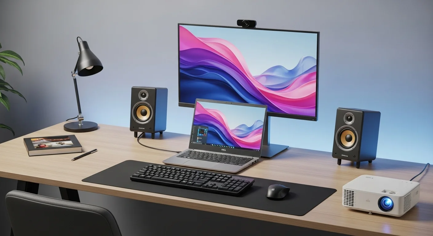 Escritorio de trabajo moderno con una laptop Dell, un monitor externo, teclado, ratón, bocinas y un proyector, mostrando un ecosistema de computadoras y tecnología.