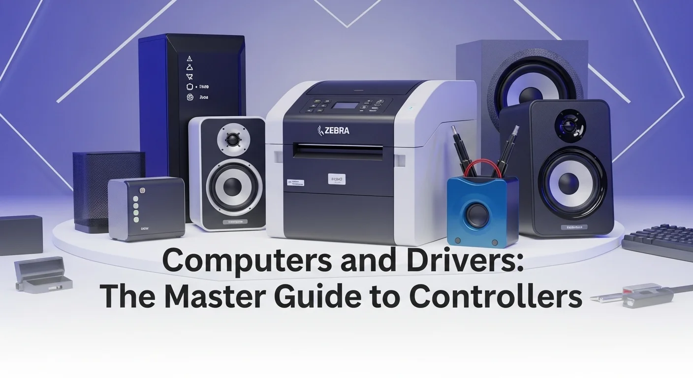 Varios periféricos de computadora como una impresora Zebra y bocinas, destacando la necesidad de drivers específicos.