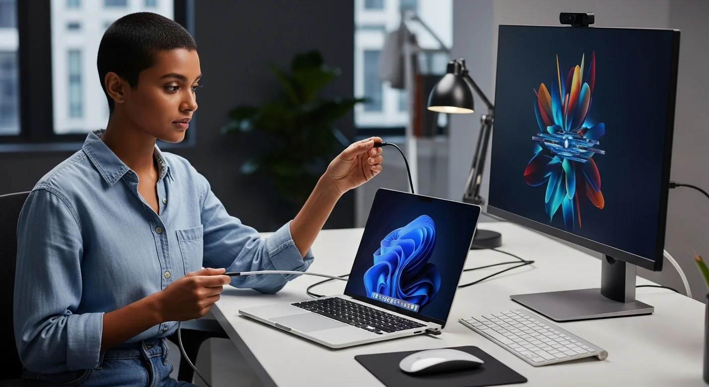 Una persona conectando un cable de datos USB-C a una laptop moderna, con un monitor externo y otros accesorios de oficina en el fondo.