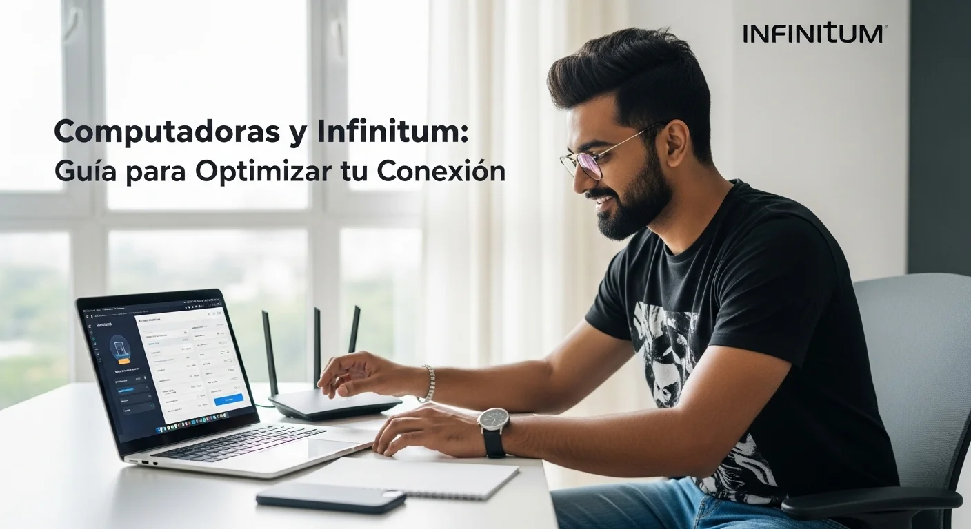 Una persona experta en tecnología configurando los ajustes avanzados de un router Infinitum en una laptop para mejorar el rendimiento de la red.