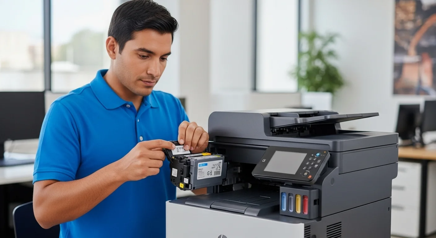 Primer plano de una persona instalando un cartucho de tinta para impresora HP en una impresora multifuncional, un accesorio esencial para cualquier equipo de oficina.
