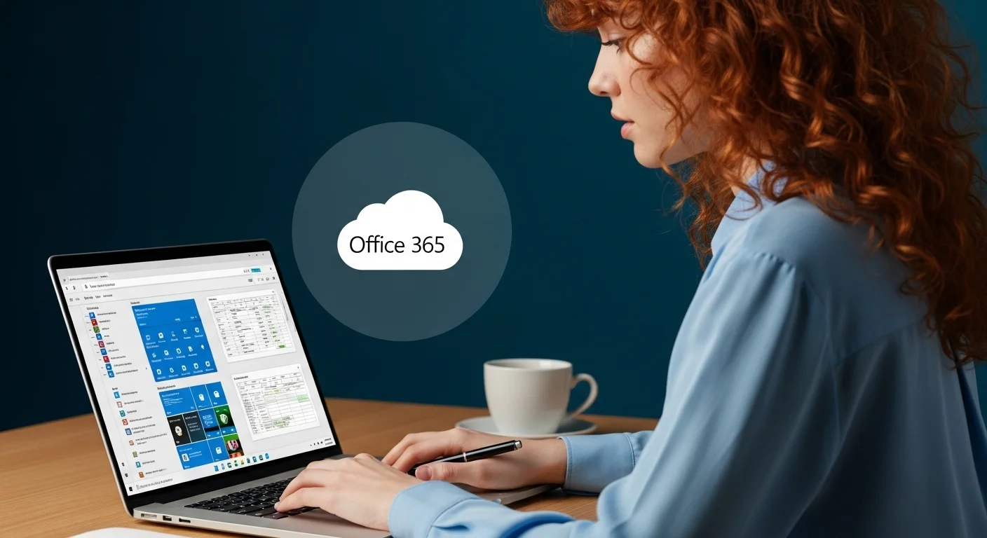Una persona trabajando en una laptop con la interfaz de Windows Office 365, destacando la integración con la nube y las herramientas de colaboración.