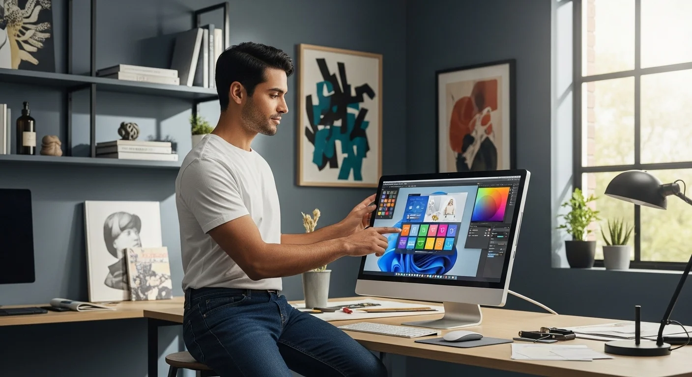 Un diseñador gráfico interactuando con una computadora all in one touchscreen en un estudio creativo, destacando su funcionalidad y pantalla brillante.