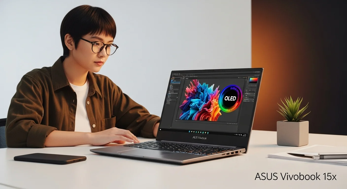 Un profesional creativo trabajando en una computadora portátil Asus Vivobook 15x con pantalla OLED, mostrando colores vibrantes y un teclado retroiluminado.