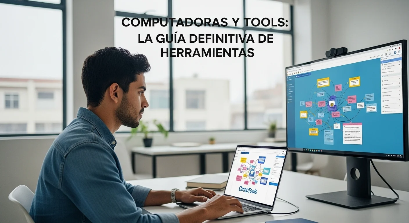 Una persona utilizando CmapTools en una laptop conectada a una gran pantalla, mostrando un mapa conceptual complejo.