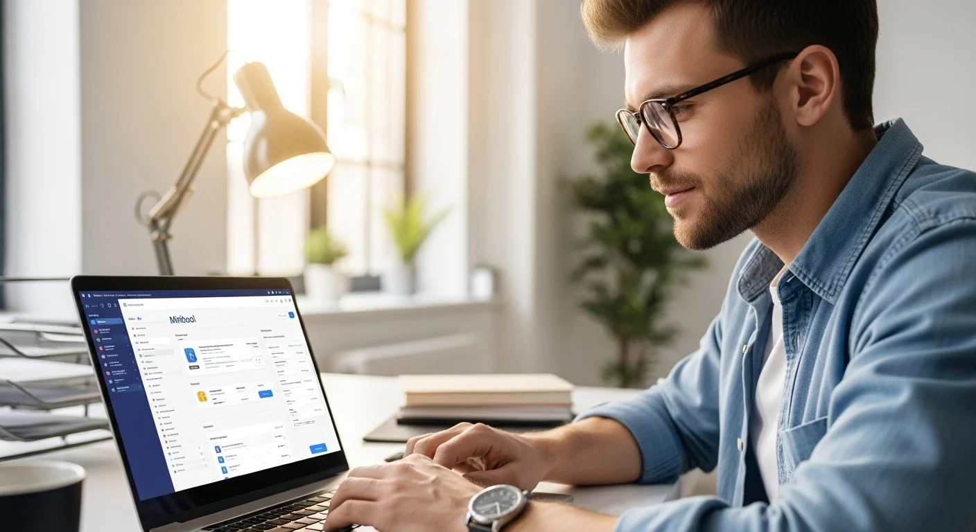 Usuario profesional trabajando en una laptop moderna, representando la optimización de computadoras y gestión de archivos con el software de Minitool.