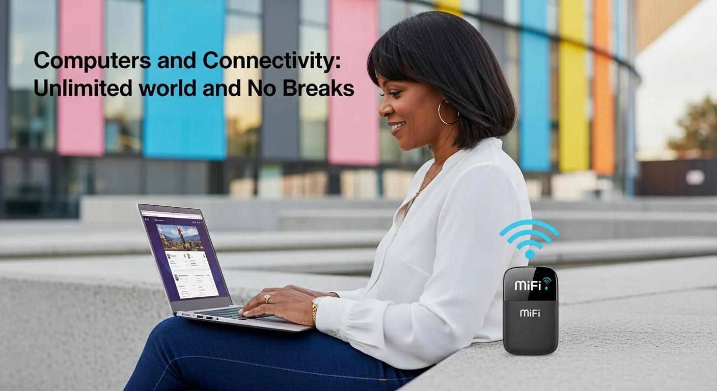 Una persona trabajando en una laptop al aire libre, conectada a internet a través de un dispositivo MiFi portátil.