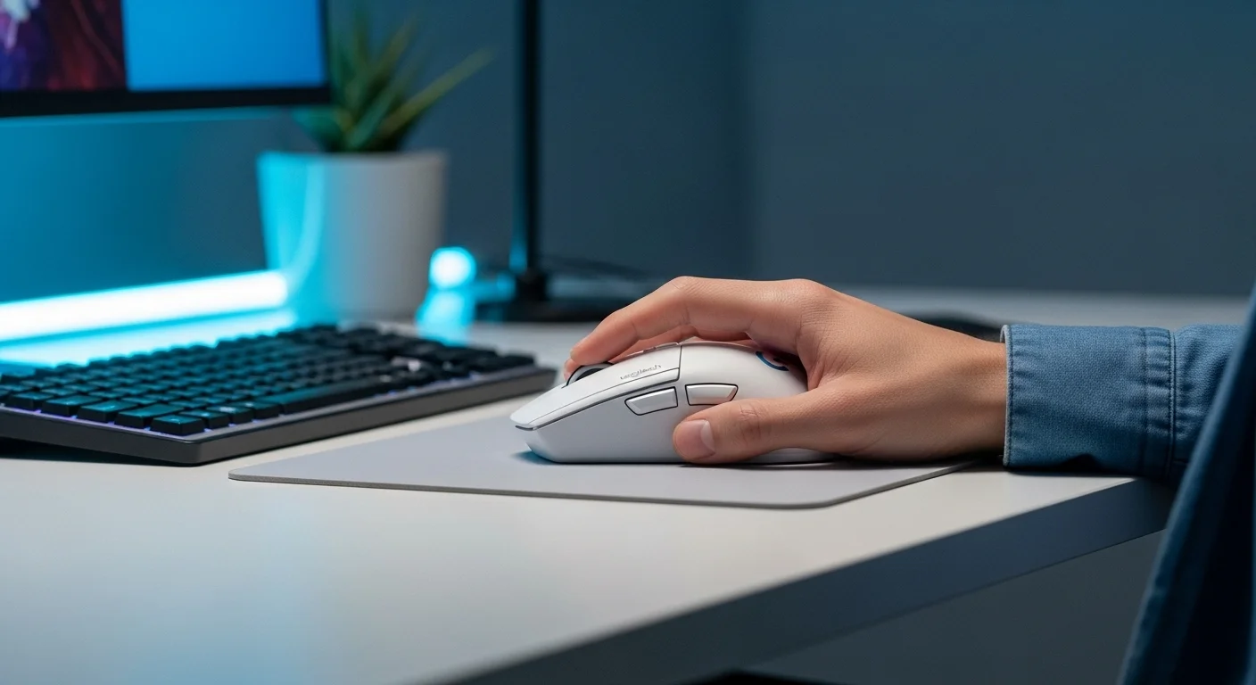 Mano de una persona usando un mouse Logitech G102 de color blanco en un escritorio de oficina, mostrando su ergonomía para computadoras.