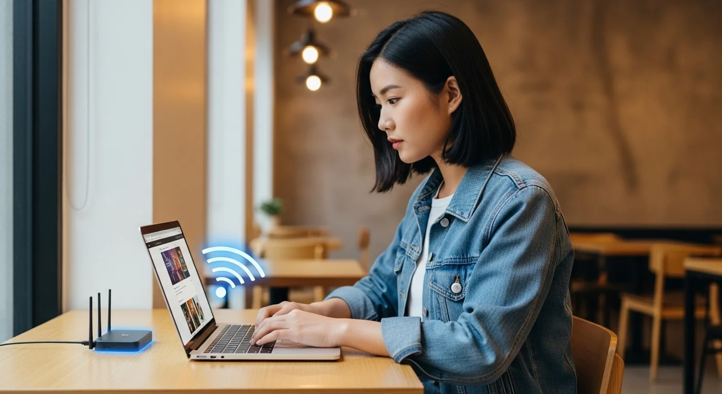Una persona trabajando con su laptop en un café, utilizando un dispositivo de Wifi móvil para conectarse a Internet.