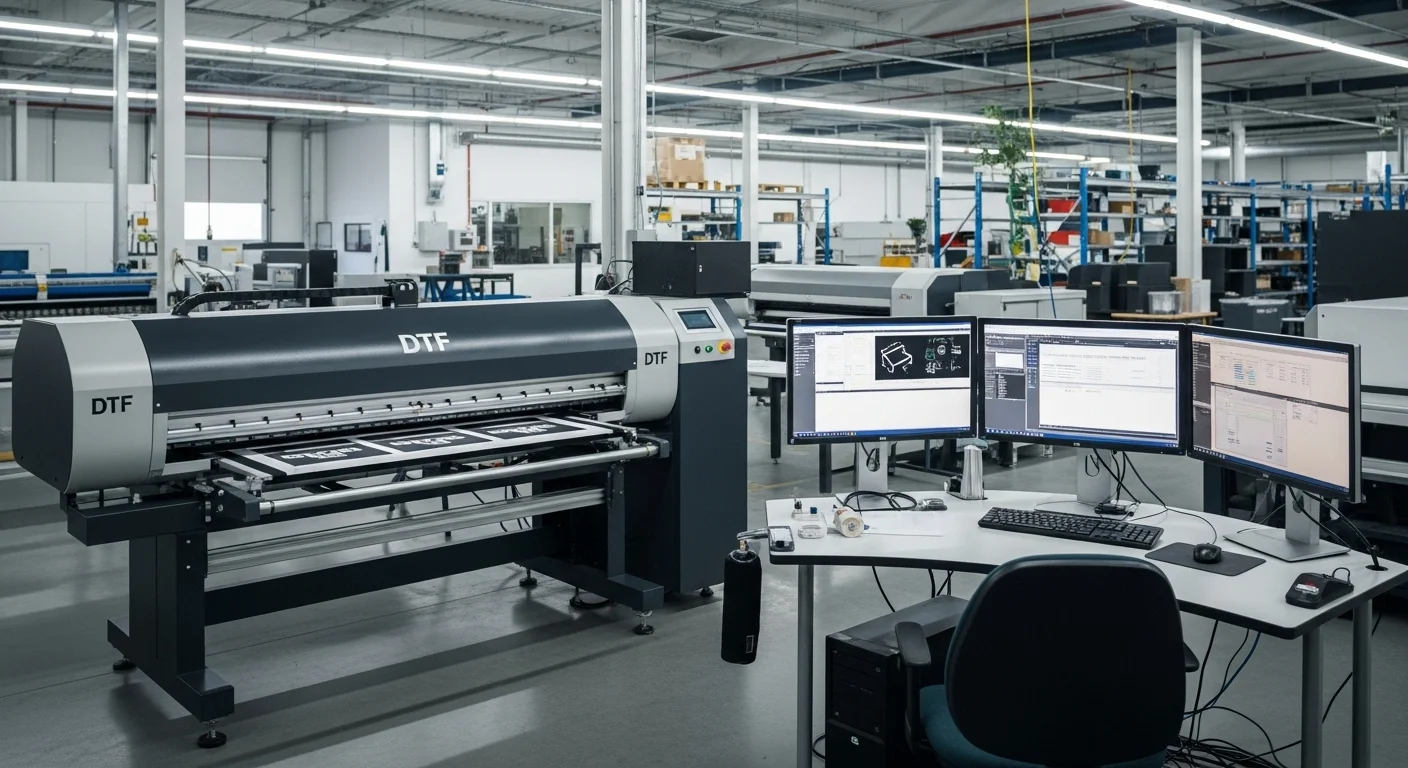 Un plotter DTF de gran formato operando en un entorno industrial, controlado desde una potente computadora para producción en masa.