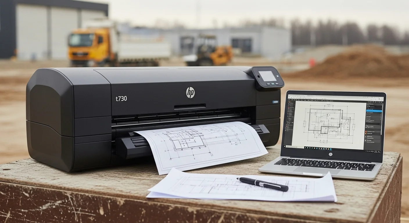 Un plotter HP t730 con su carcasa robusta en un entorno de construcción, mostrando su durabilidad y versatilidad junto a una laptop.