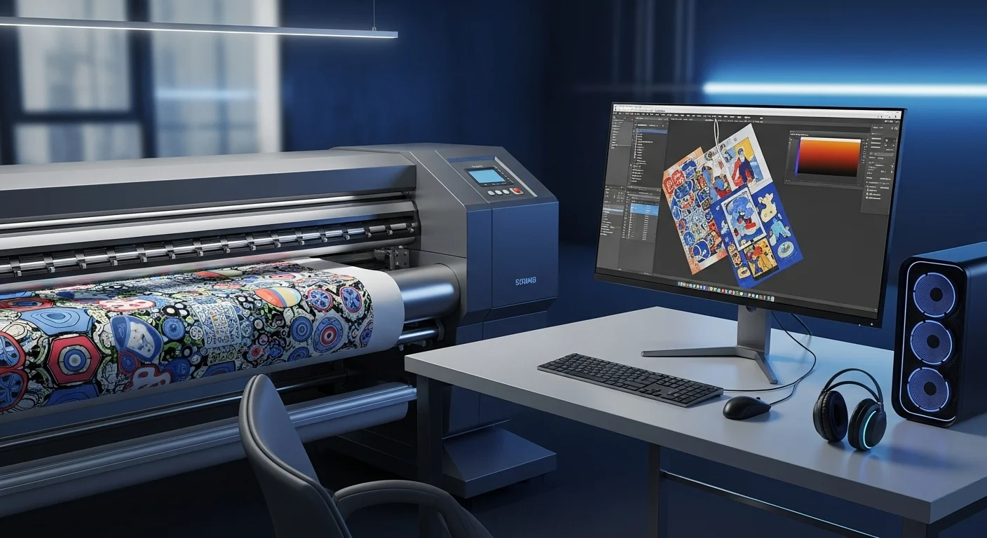 Un plotter para sublimar de gran formato imprimiendo un diseño textil complejo, operado desde una estación de computadoras.