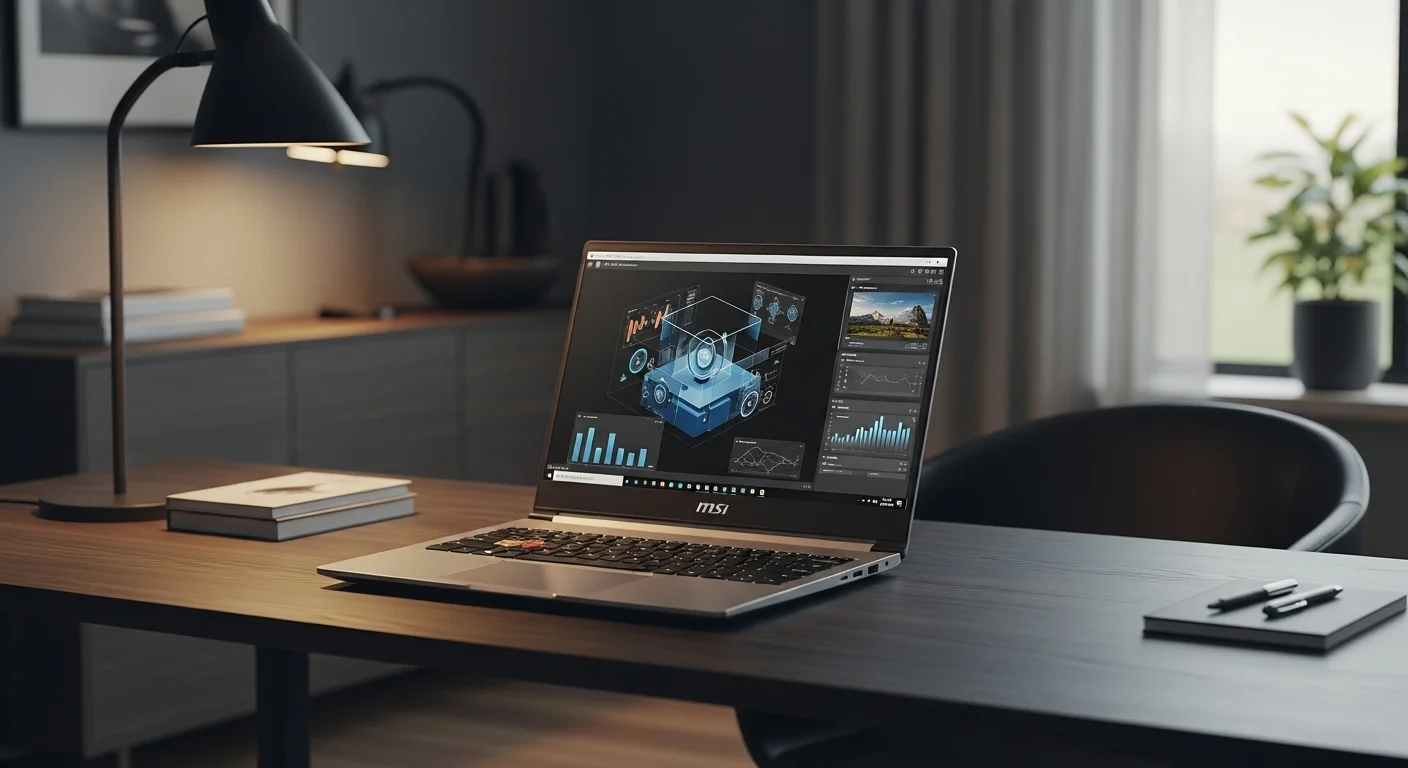 Imagen de un portátil MSI i7 notebook sobre un escritorio, destacando su diseño elegante y su enfoque en la tecnología y el rendimiento para profesionales.