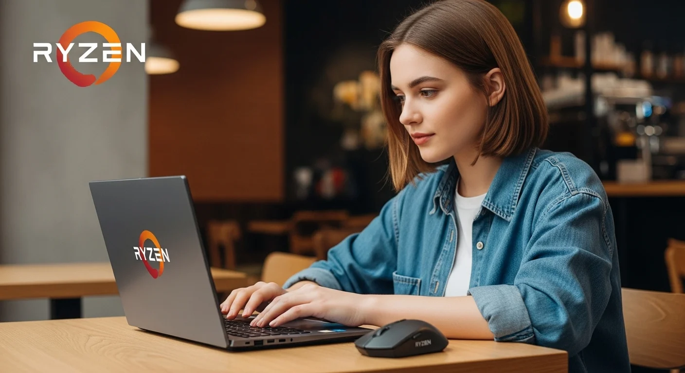 Una persona trabajando en un portátil delgado y moderno, un portatil ryzen 7, en una cafetería, con un ryzen mouse inalámbrico a su lado.