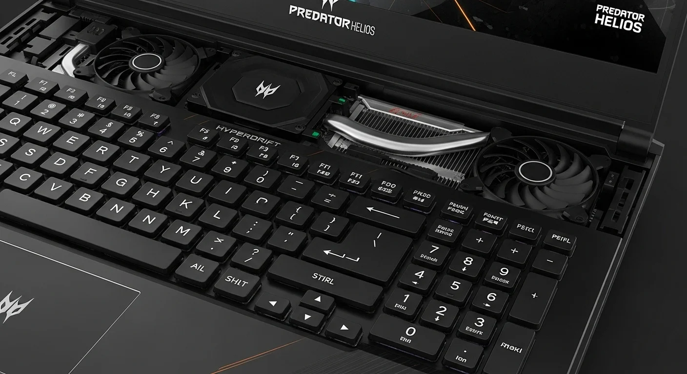 Primer plano del teclado deslizante HyperDrift de la computadora Predator Helios 700, mostrando los ventiladores de refrigeración internos, un símbolo de la tecnología innovadora.