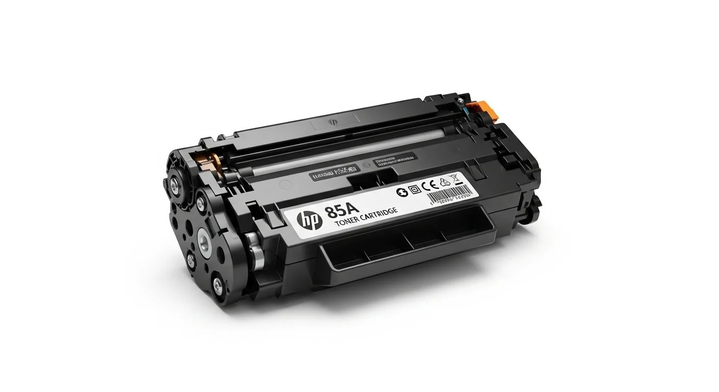 Una imagen detallada del cartucho de tóner HP 85A, el consumible para la impresora LaserJet P1102w, mostrando su diseño compacto.