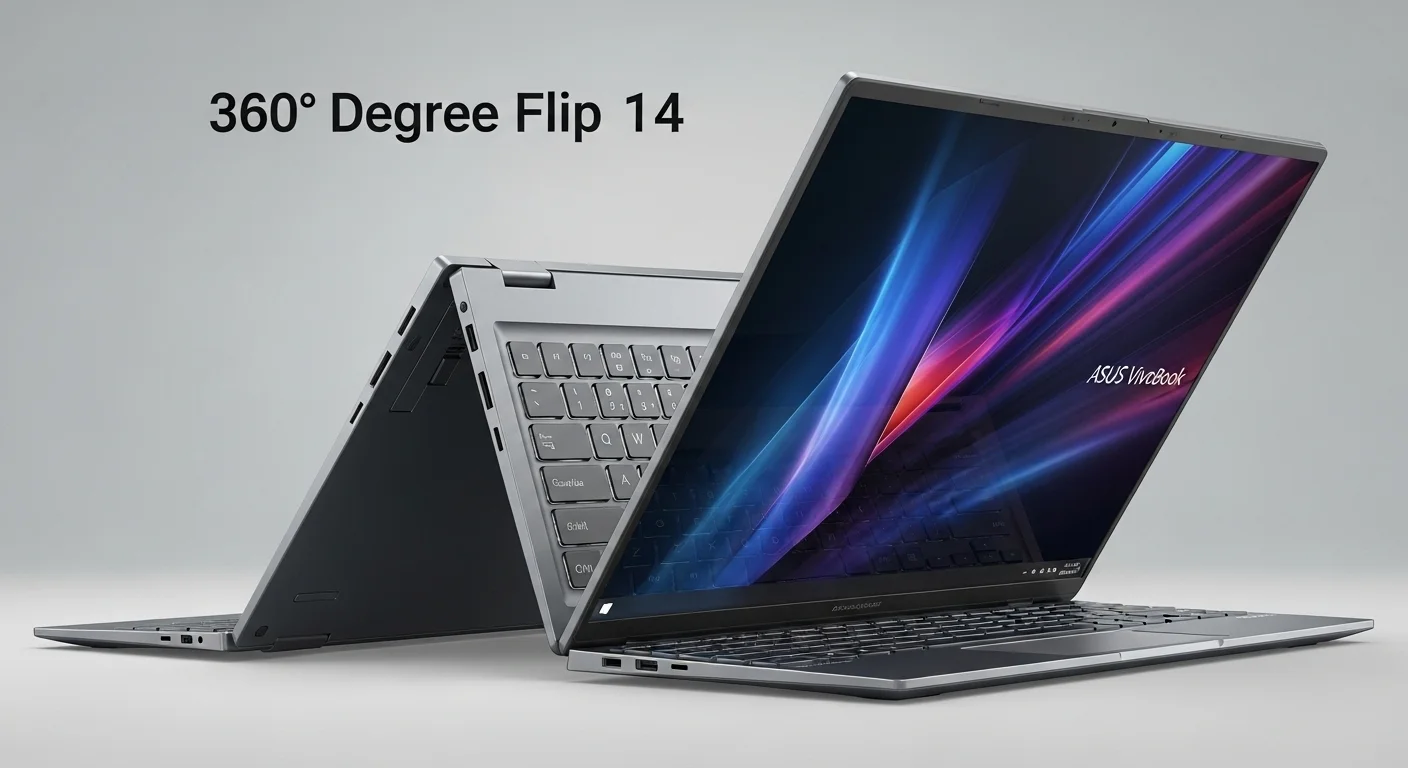 Detalle de la bisagra de 360 grados y el teclado retroiluminado de una laptop Asus VivoBook Flip 14, destacando su diseño premium.
