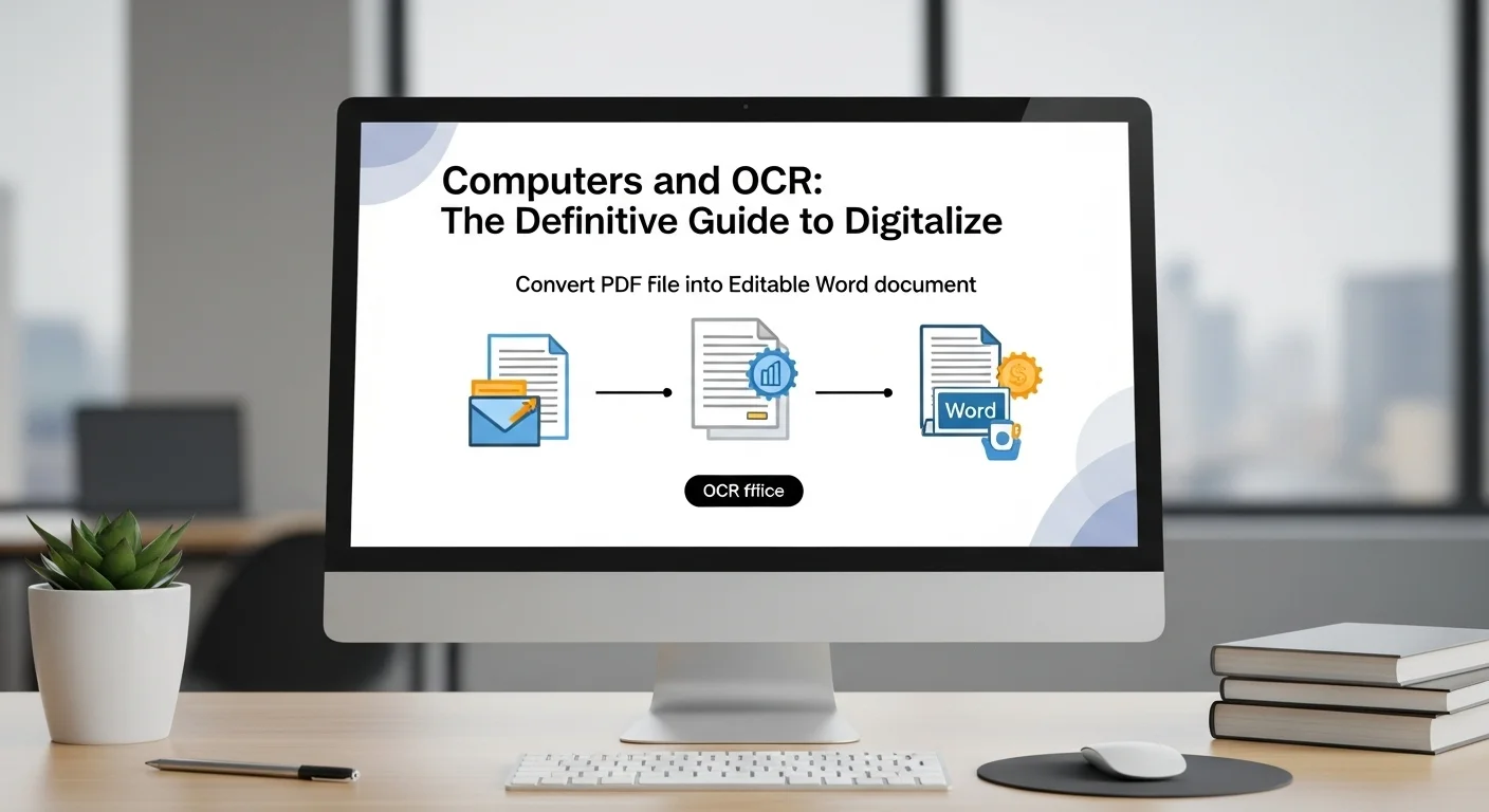 Infografía mostrando el proceso de conversión de un archivo PDF a un documento de Word editable utilizando la tecnología OCR en una computadora de oficina.