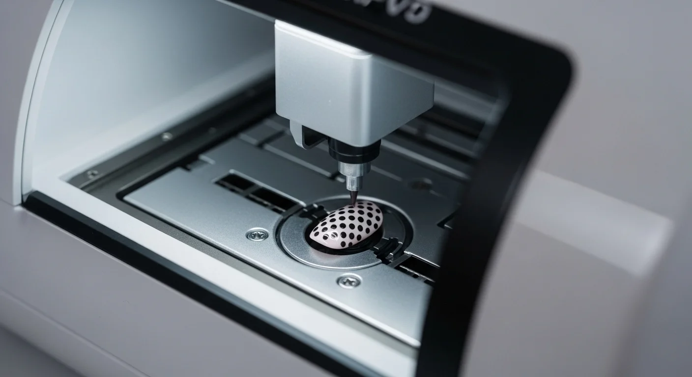 Primer plano del interior de una impresora para uñas, mostrando el cabezal de impresión aplicando un diseño sobre una uña, destacando la tecnología