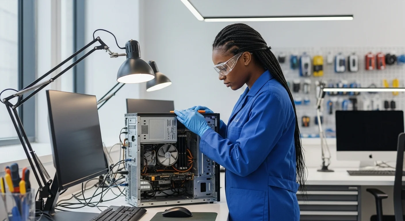 Un técnico experto revisando los componentes internos de una PC de escritorio en un taller de reacondicionamiento limpio y organizado.