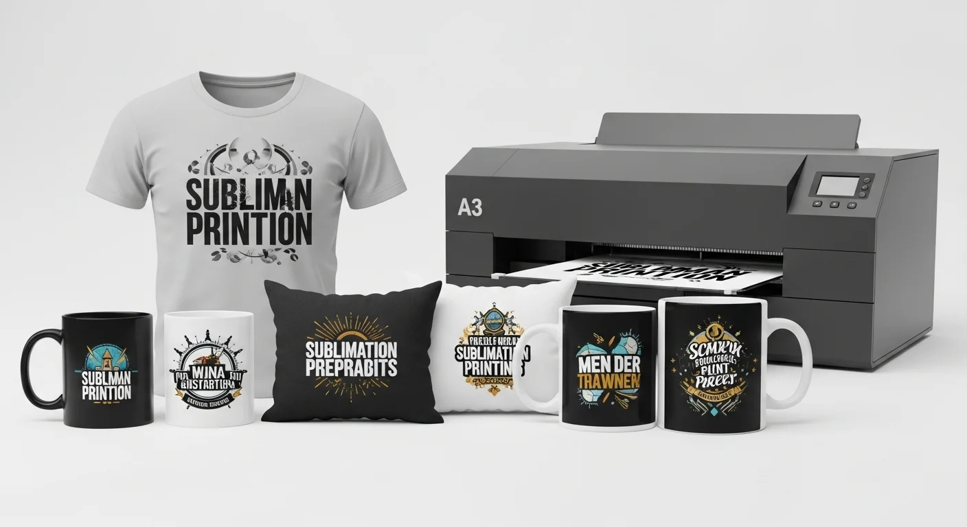 Colección de productos personalizados como camisetas, tazas y cojines creados con una impresora de sublimacion A3, mostrando la versatilidad de formatos.