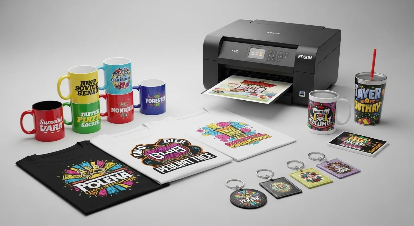 Varios productos como tazas, camisetas y llaveros sublimados con colores vibrantes, mostrando la calidad de la impresora Epson F170 y su aplicación en un entorno de negocio.