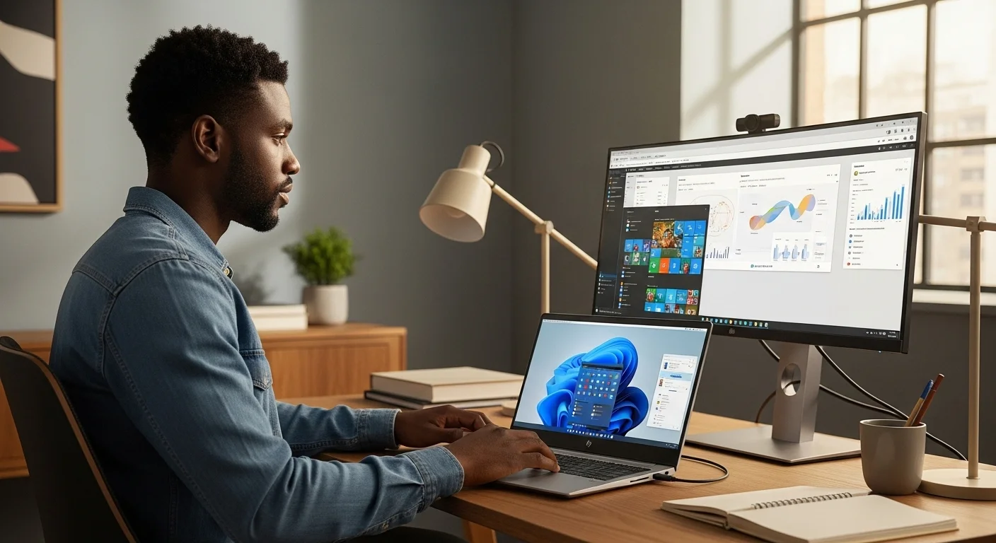 Un profesional trabajando en una laptop HP ProBook 450 G5 conectada a un monitor externo, mostrando un entorno de trabajo productivo.