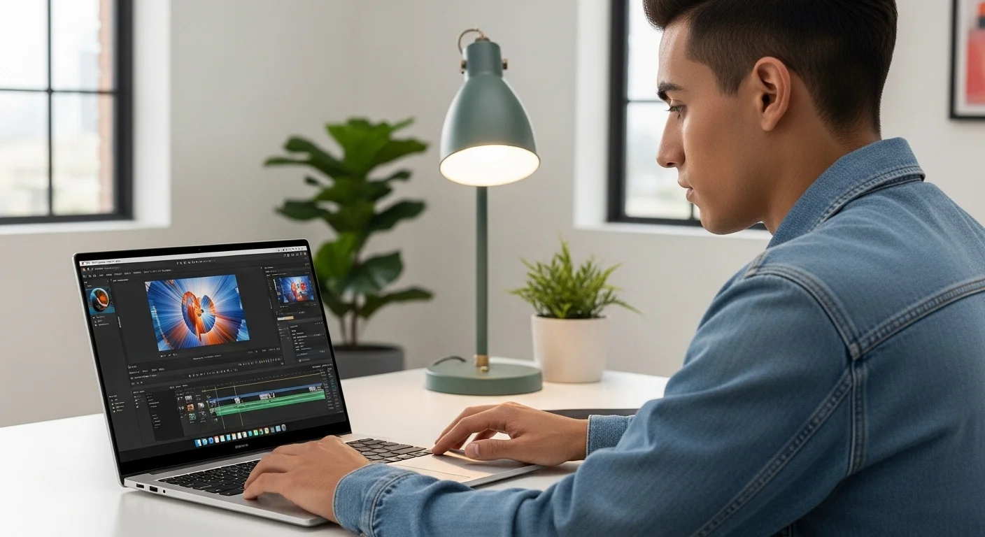 Un profesional creativo editando video en una computadora Huawei Matebook 16s, demostrando la potencia y calidad de su pantalla.