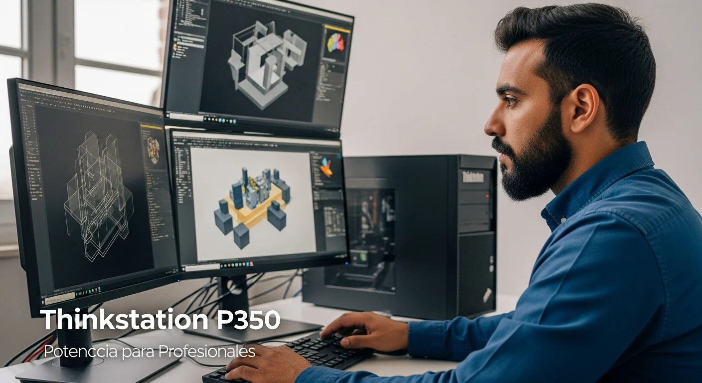 Un profesional del diseño trabajando en una computadora Lenovo Thinkstation P350, con múltiples monitores mostrando gráficos complejos.