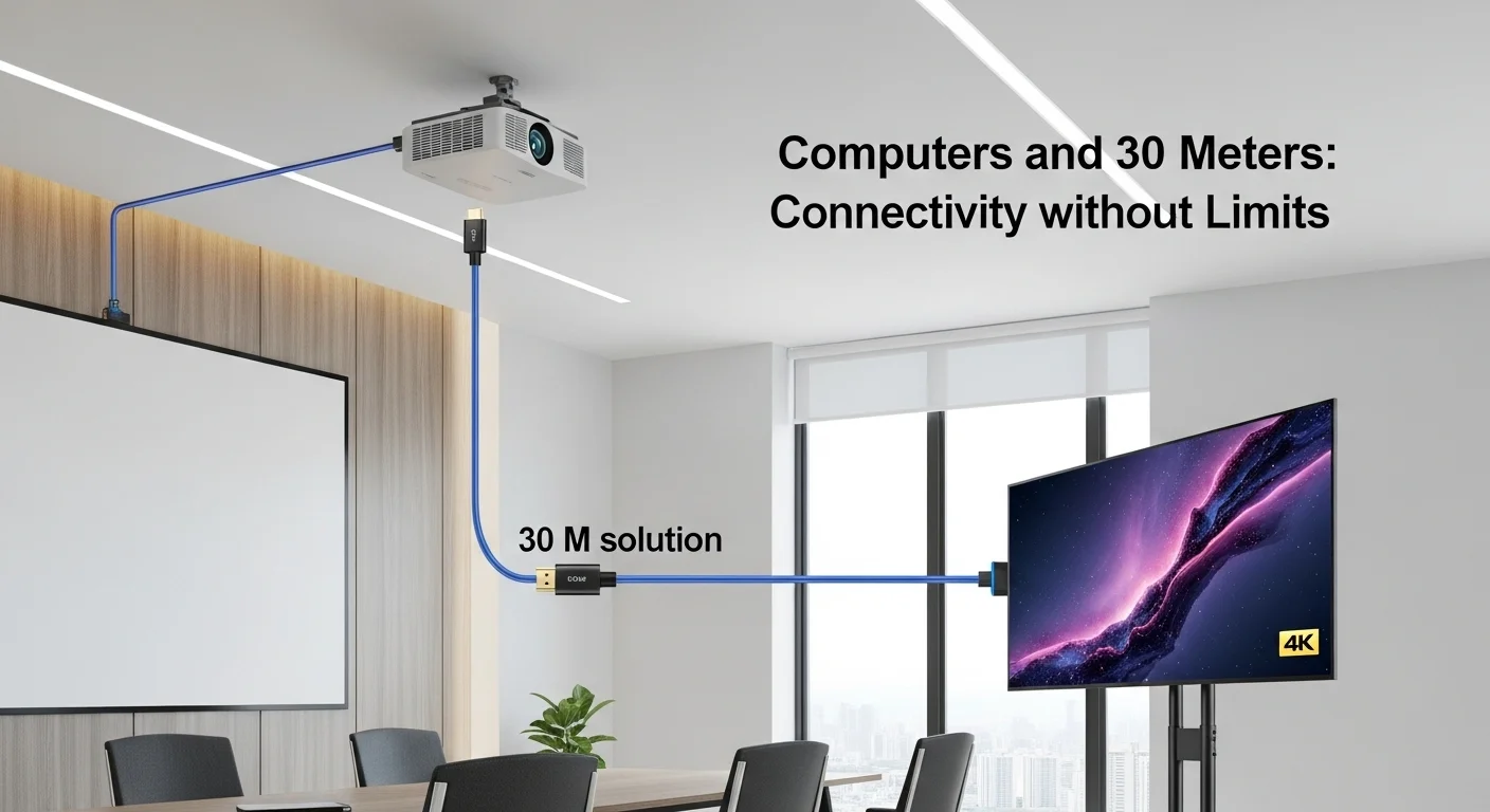 Proyector de techo en una sala de conferencias conectado con una solución HDMI de 30 metros.