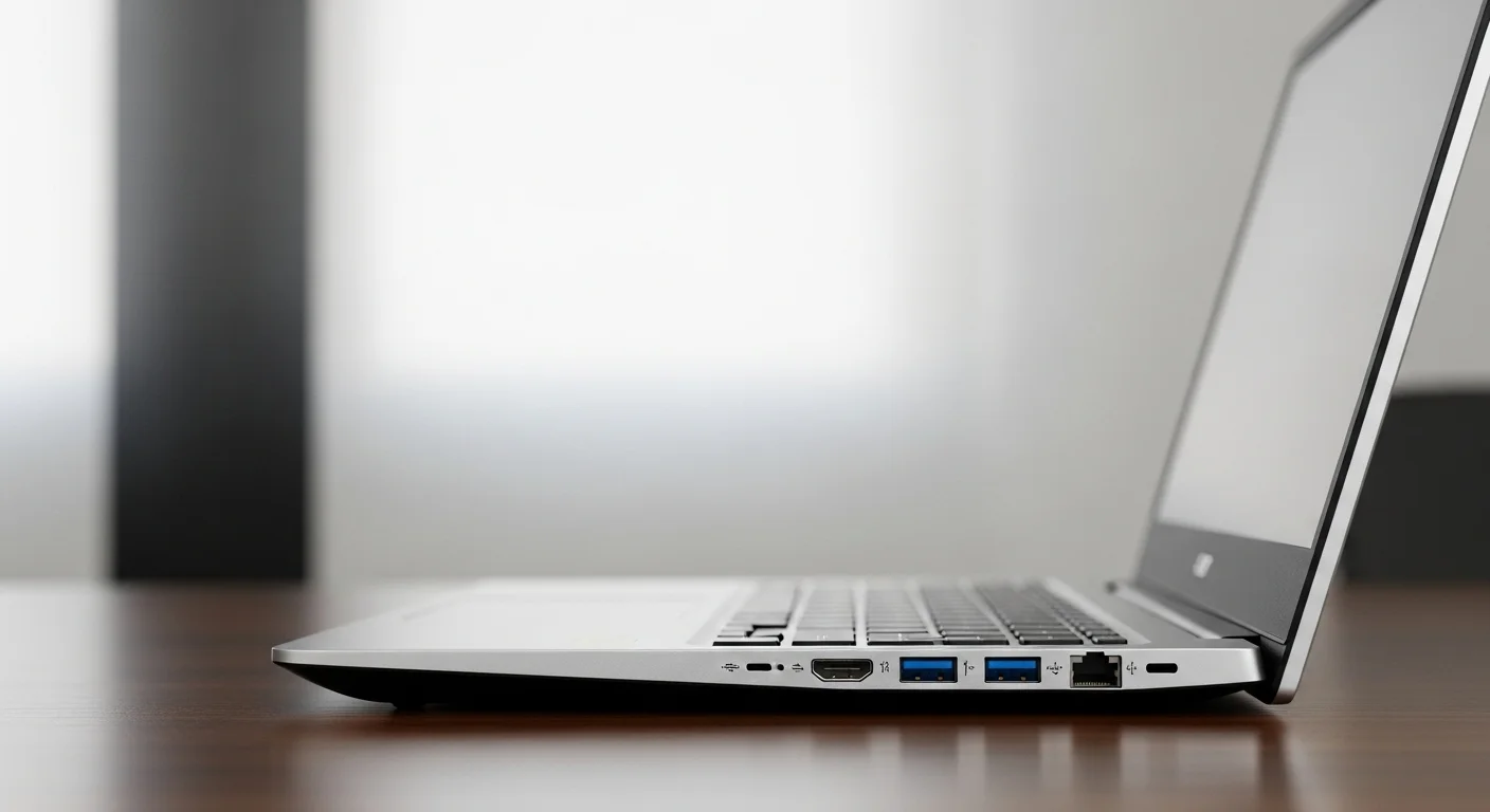 Vista lateral de una computadora Acer Aspire 5 A515 que muestra en detalle sus puertos de conectividad, incluyendo USB-A, HDMI, USB-C y el puerto Ethernet RJ-45, destacando su versatilidad.