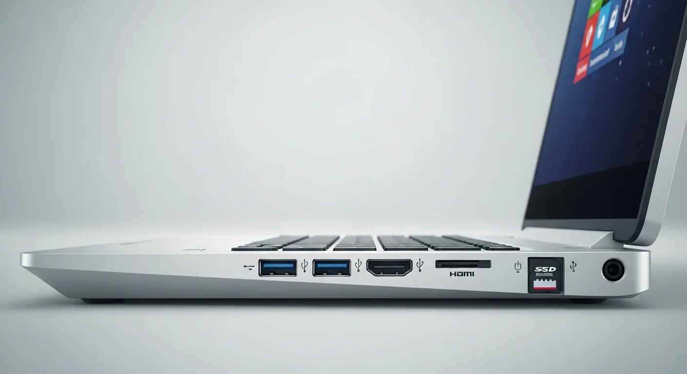 Vista lateral de los puertos de conectividad de una computadora Dell 3505, incluyendo USB, HDMI y lector de tarjetas SD