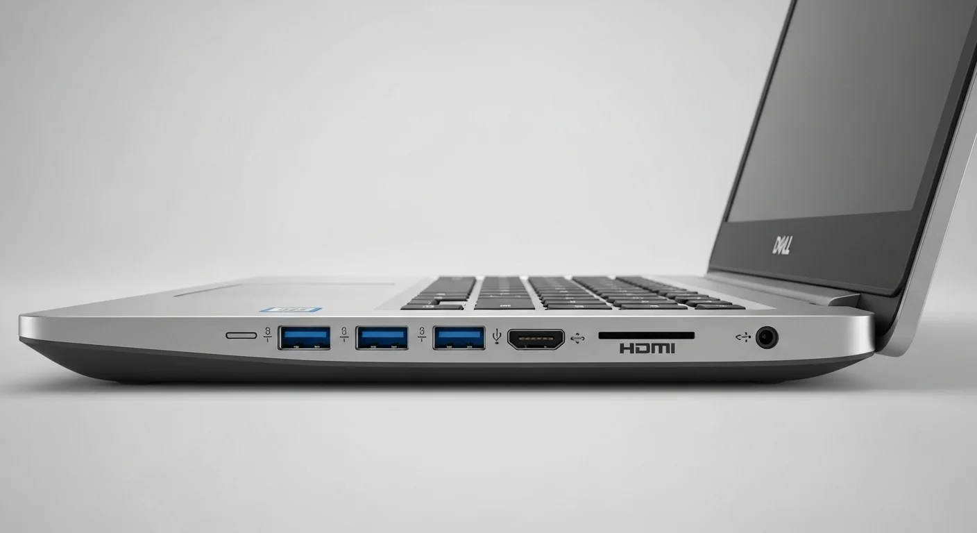 Vista lateral de una computadora Dell 5567 detallando sus puertos de conectividad, incluyendo USB 3.0, HDMI y el lector de tarjetas SD.