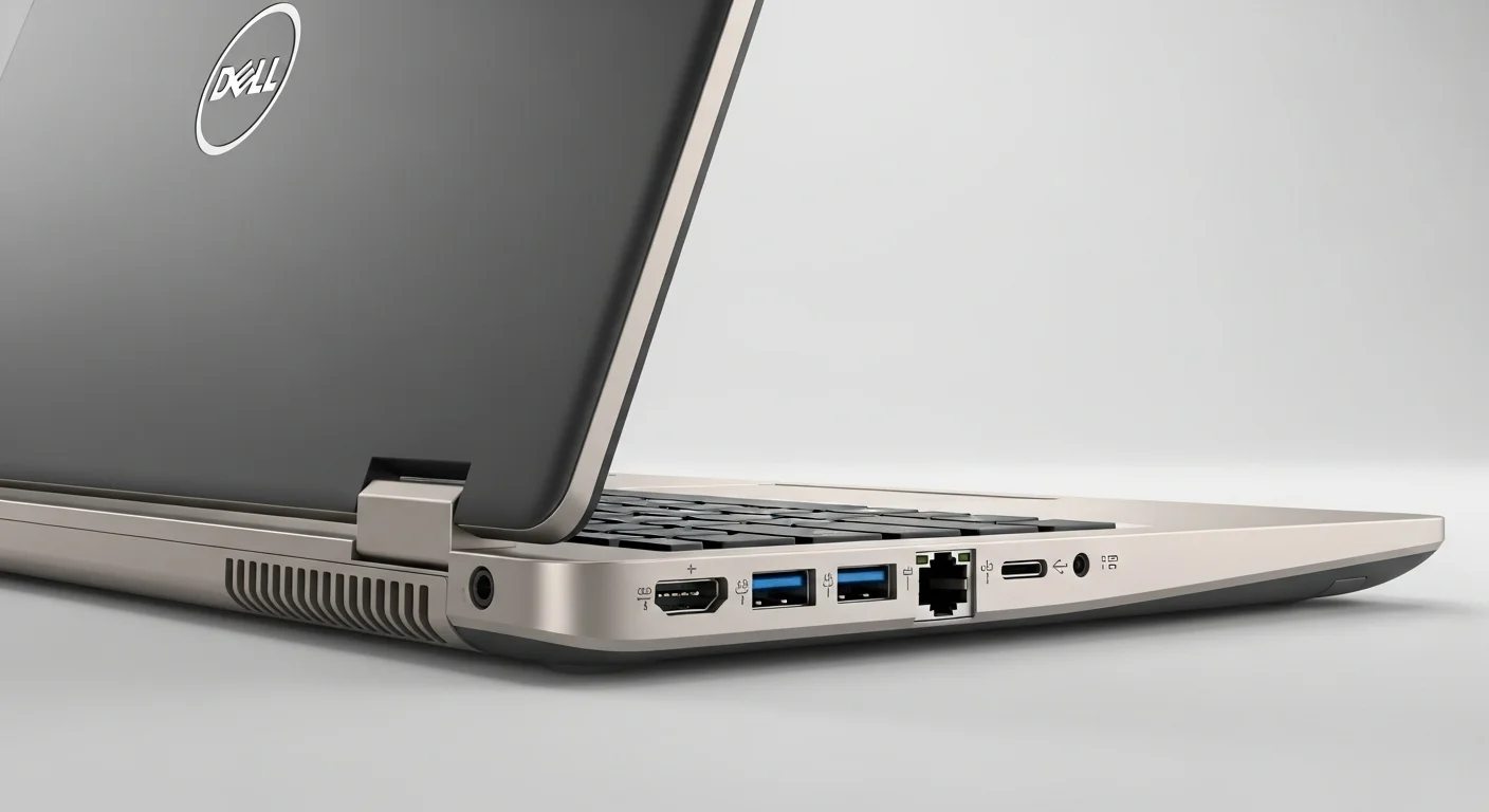 Panel de puertos traseros y laterales de la computadora Dell E7470, destacando sus múltiples opciones de conectividad como HDMI, USB 3.0 y Ethernet.