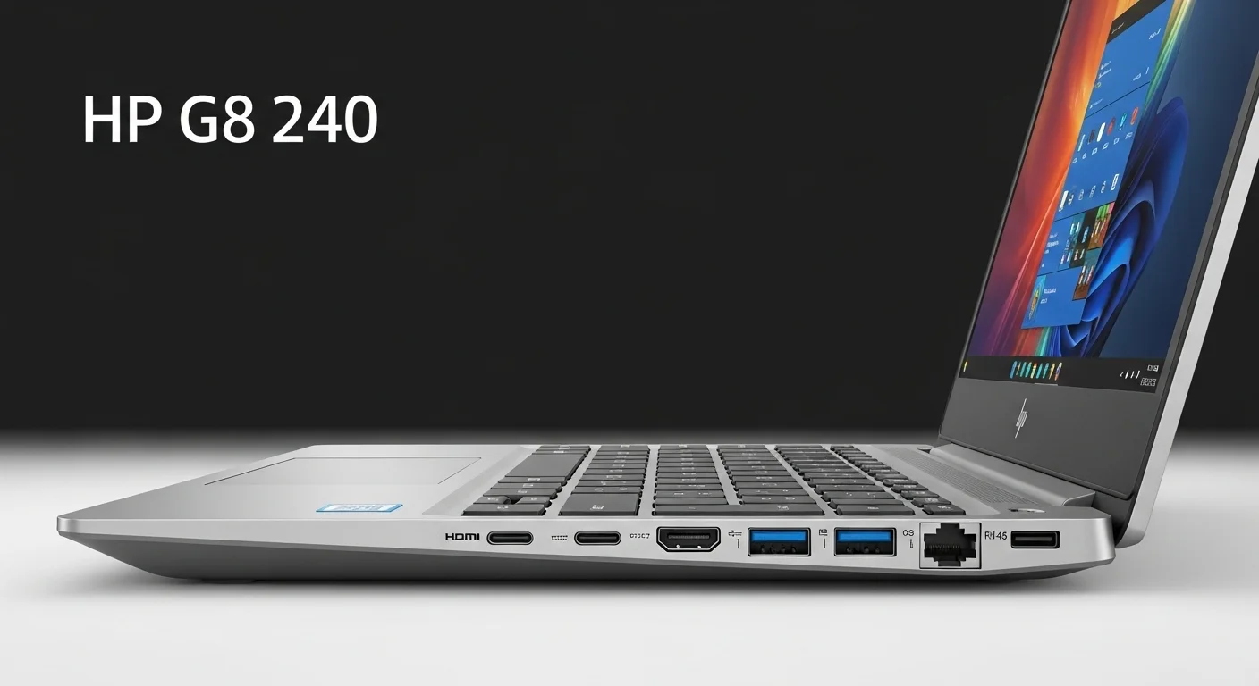 Vista lateral de la laptop HP G8 240 mostrando su variedad de puertos, incluyendo USB-C, HDMI y RJ-45, un elemento clave en computadoras para oficina.