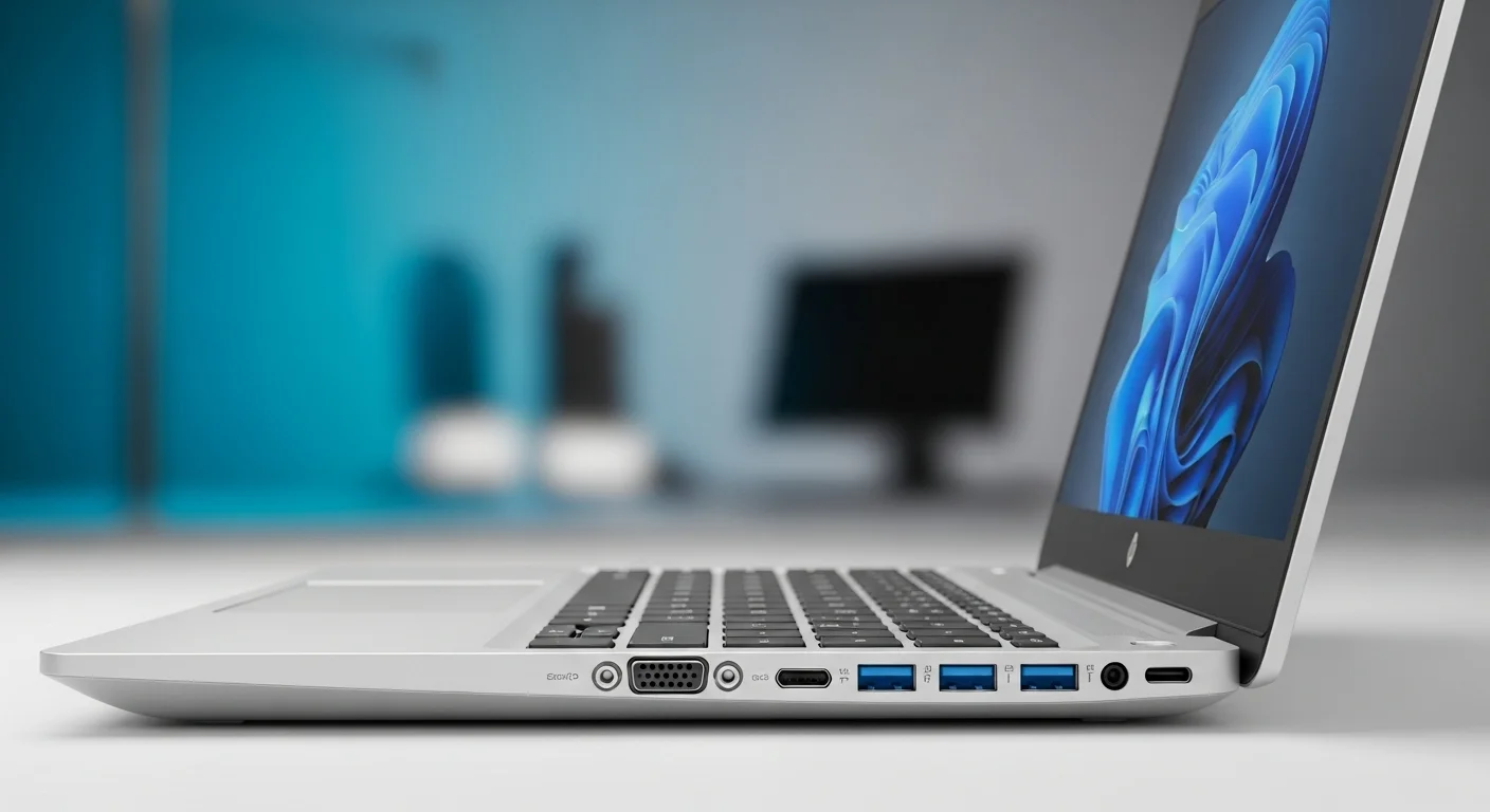 Vista lateral de la computadora HP 450 G8, destacando su amplia variedad de puertos de conexión.