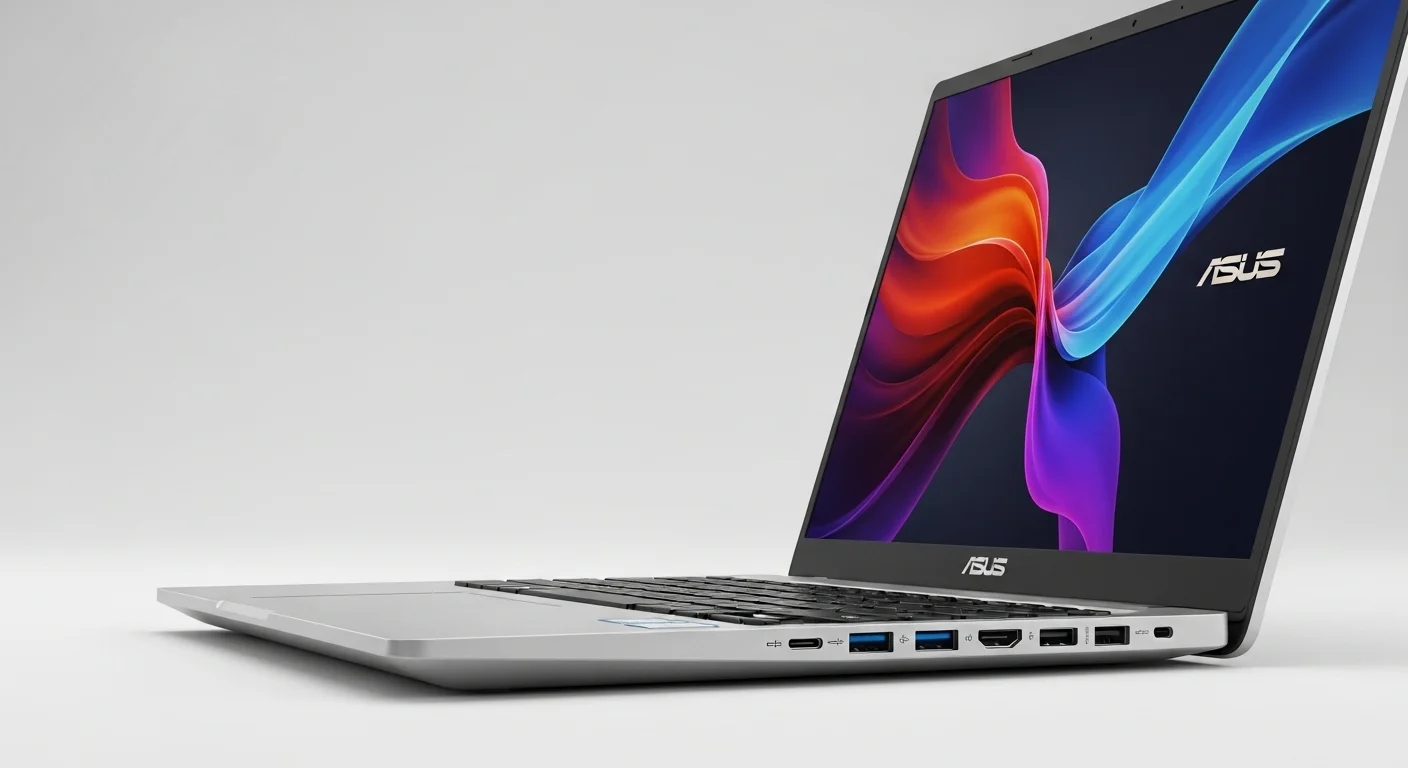 Vista lateral de una computadora Asus X515 que detalla sus puertos de conectividad, incluyendo USB-C, USB-A y HDMI, demostrando su versatilidad para accesorios.