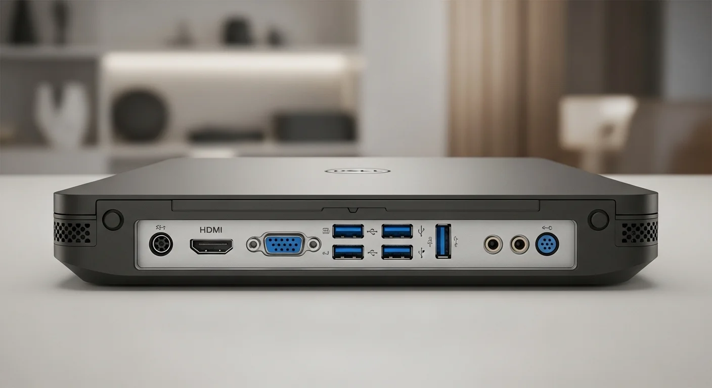 Vista detallada de los puertos traseros de una computadora Dell 3681, mostrando conexiones HDMI, VGA y USB.